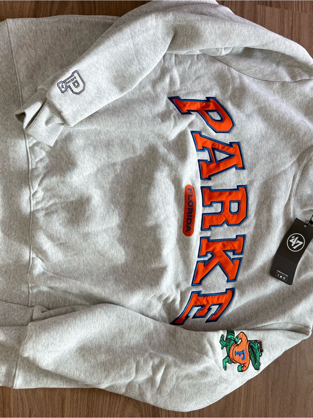 47 Light Gray 'PARKE' Crewneck Sweatshirt with Orange and Blue Lettering